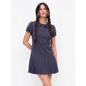 Cider Cotton-blend Polo Peter Pan Collar Puff Sleeve Ruffled Pleated Shirt Mini Dress