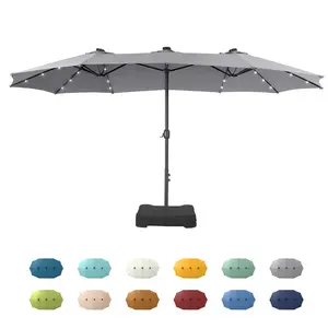 [3 Solar Panels] PHI VILLA 15ft Extra Large Double-Sided Patio Umbrella with Base & LED Lights - Large Steel Frame, UV Protection, Metal Base Included, Useful Crank