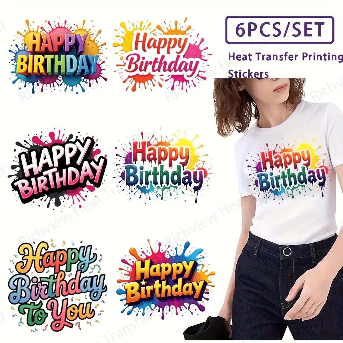 6-Piece Birthday Theme Transfer Stickers Set, Washable Iron-On Embroidery Badges, DIY Customizable Design for Clothing & Fabric Decoration
