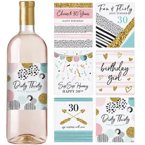 30th Birthday Party Decoration – Waterproof Wine Bottle Labels, Pink and Gold (Set of 6)