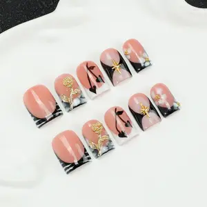 10 square handmade nail tips，Glossy Nude-Black Press On Nails with 3D Gold Roses & Starburst ，Handmade Reusable Fake Nails，Stylish Acrylic Nails ， Ideal for Weddings, Parties & Professional Looks， Including toolkits