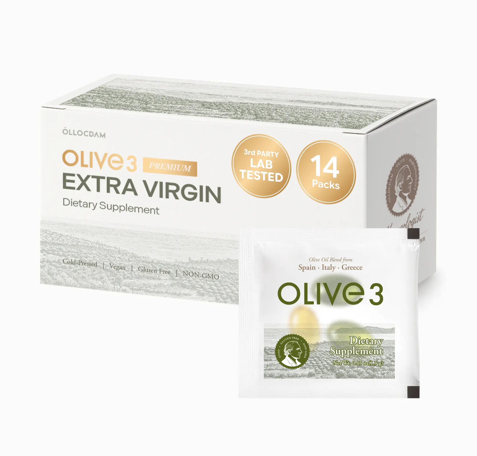 Olive3 Extra Virgin Olive Oil Softgel Capsules, 1,500mg, High Polyphenol, Cold Pressed Blend of Spain, Italy & Greece, Antioxidant Support, 14 Daily Packets