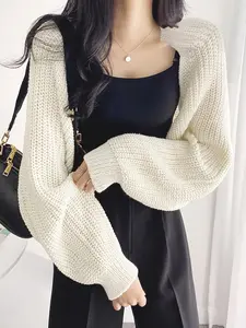 Korean Style Casual Soft Chunky Knit Cardigan Knitwear, Loose Lantern Sleeve Outerwear, Unique Design Versatile Fitted Slim Fit Top