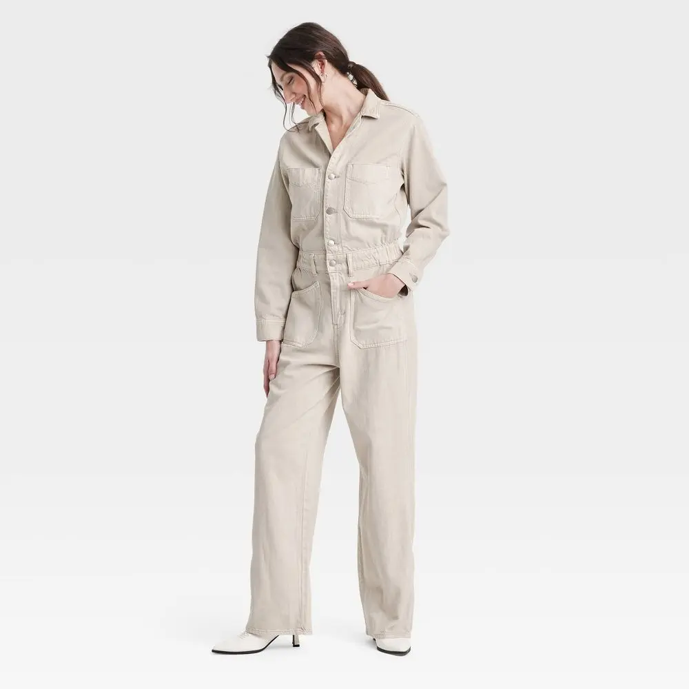 Women's Denim Baggy Overalls Jumpsuit - Long Sleeve, Belted, Pocket-Design, Flattering Fit for Universal Wear, Light, Zipper