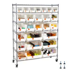 VEVOR 7-Tier Rolling Bin Storage Rack, 26 Organizer Bins, Bin Rack Storage Steel Wire Shelving System with Wheels, Mobile Tool Organizer for Garage, Warehouse, Office, Restaurant, Classroom, Kitchen