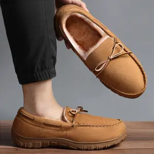 SHOESLOCKER Men Slippers Faux Suede Moccasin Plush Fleece Lined Bow Detail Non-Slip Slip-On Indoor Outdoor Winter Shoe