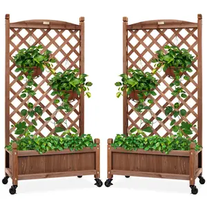 Best Choice Products Set of 2 48in Wood Planter Box & Diamond Lattice Trellis, w/ Drainage, Optional Wheels - Walnut