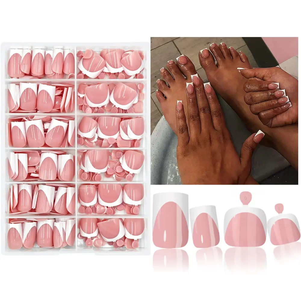 312 Pcs White French-Tip Press-On Nails & Toenails Set, Glossy False Nails, DIY Fake Nails, Short Square Shape, Light Brown Glossy Finish for Hands & Feet, Detachable Nail Art, Easy Application, Durable Press-Ons, Press On Sets