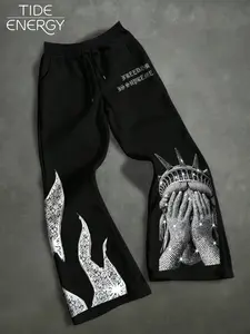 Men's Streetwear Casual Sweatpants, Freedom Is Supreme Graphic Wide Leg Pants, Loose Fit Fitted Style for Daily Wear