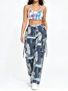 Women's Stretchy Multi-Pocket Straight Leg Patchwork Fitted Maxi Cargo Jean Piece - Edgy Streetwear Women's Bottoms