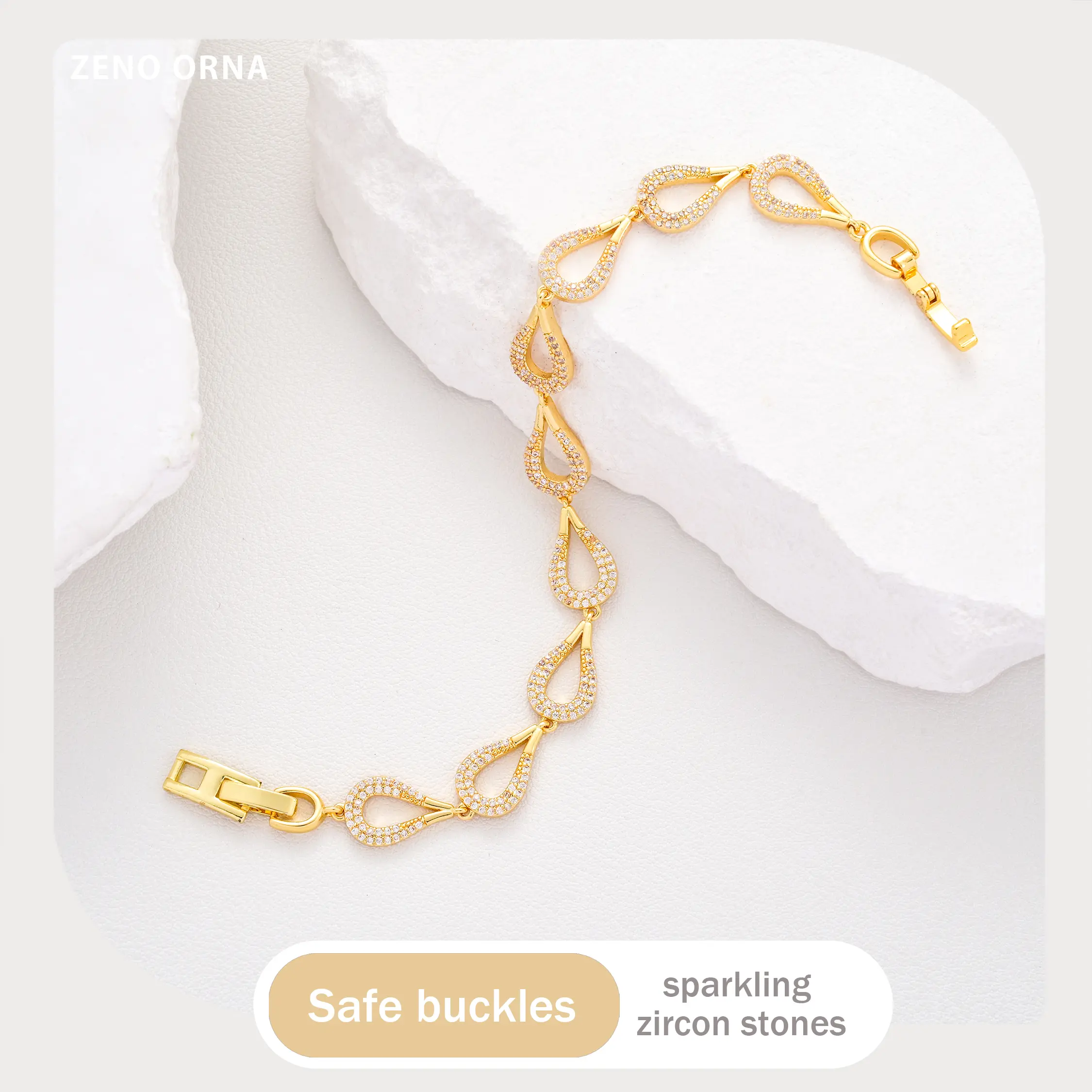 Women’s bracelet featuring a hollow teardrop design set with zirconia, copper base plated with 14K gold, skin-friendly, gentle luxury style for evening events and birthdays.