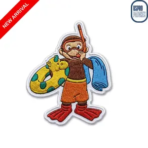 Curious Monkey Snorkeling with Dinosaur Floatie Embroidered Patch, Summer Beach Cartoon Animal Iron On Applique for Kids Clothes & Backpacks