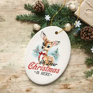 Oh Deer Christmas is Here, Vintage Christmas Ceramic Ornament, Cute Reindeer, Tree Decoration - Circle, Star, Heart, Oval Shapes