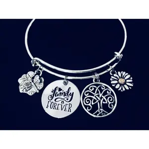 Family is Forever Expandable Charm Bracelet Tree of Life Dragonfly Daisy Jewelry Silver Adjustable Bangle One Size Fits All Gift Sunflower Celtic
