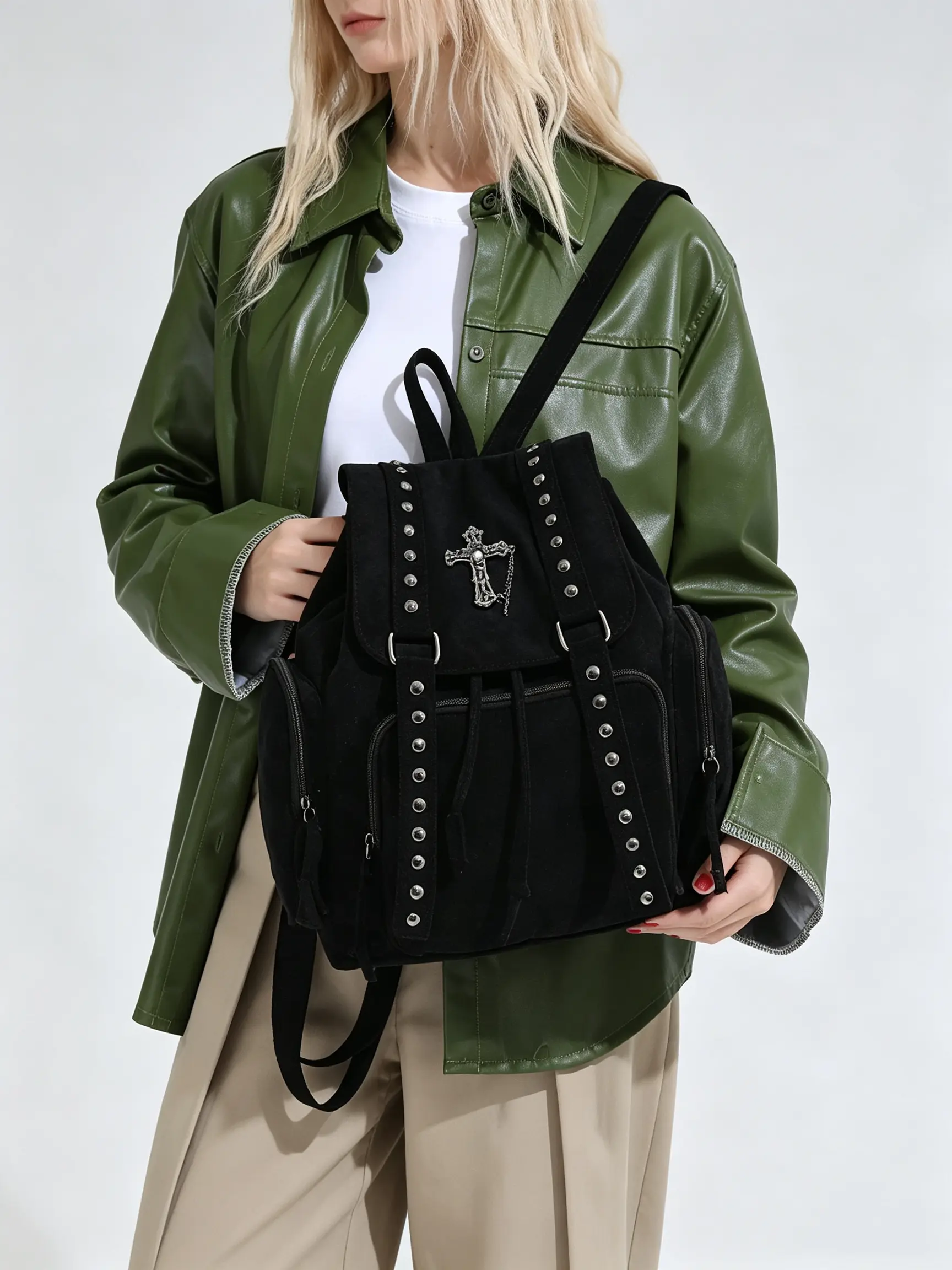 Punk Gothic Suede Studded Backpack with Metal Cross Charm, Vintage Black Flap Drawstring Rucksack, Alt Aesthetic Large Capacity Daily Travel School Bag,Black Flap Drawstring Bag with Ornate Metal Cross Pendant, Spacious Casual School & Travel Rucksack