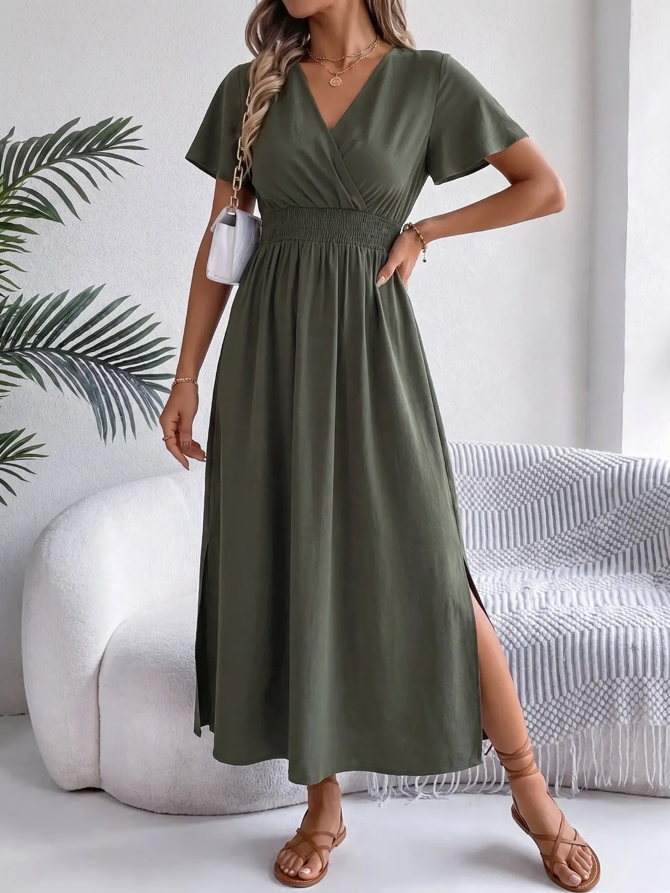 V-Neck Wrap Dress, Women Elastic Waist Adjustable Long Dress, Summer Chic Aesthetic Slimming Fit Solid Tea Break Dress, Casual Office Wear, Summer Work Dresses, Simple Style