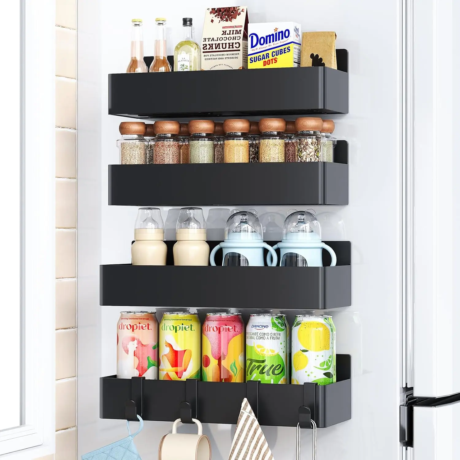 Spice Rack for Refrigerator Kitchen Storage Rack and Organizer Black 4-Pack with Hooks for Bottles and Utensils Reusable Multi-Functional Storage Solution Set Strong Magnetic