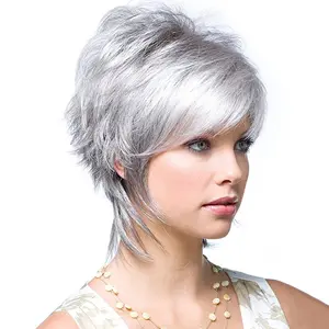 European and American Silver White Wig for Caucasian Women with Side Bangs, Short Straight Hair, Wolf Tail Wig Cap