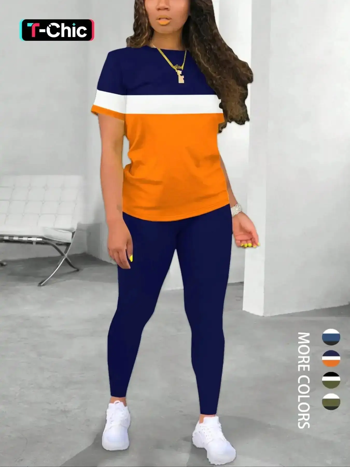 Women's Colorblock Short Sleeve Tee & Skinny Pants Two-piece Set, Fitted Clothing Set, Casual Streetwear Set, Casual Fitted Round Neck Crewneck T-shirt & Trousers for Daily Wear, Ladies Summer Clothes, Womenswear