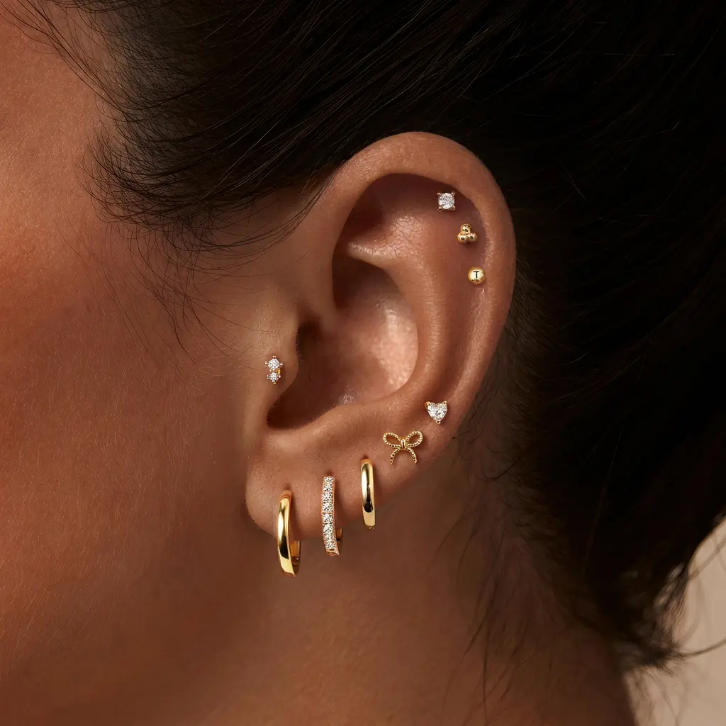 MONAVRA 9-Pair Push Back Stacking Earring Set - Hypoallergenic Earrings for Women, Feminine Huggie Hoops, Small Cute Bow Cartilage Studs, Trendy Summer Daily Jewelry Gifts