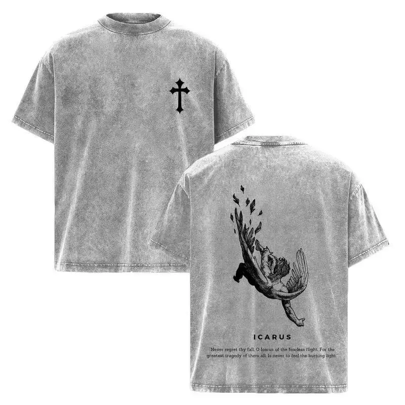 Wings of Faith – Icarus Oversized Acid Washed Christian T-Shirt, Vintage Washed Heavy Cotton Faith Streetwear, Christian Clothing, Soft Feel Daily Wear, Faith Gift Tee Apparel Classic