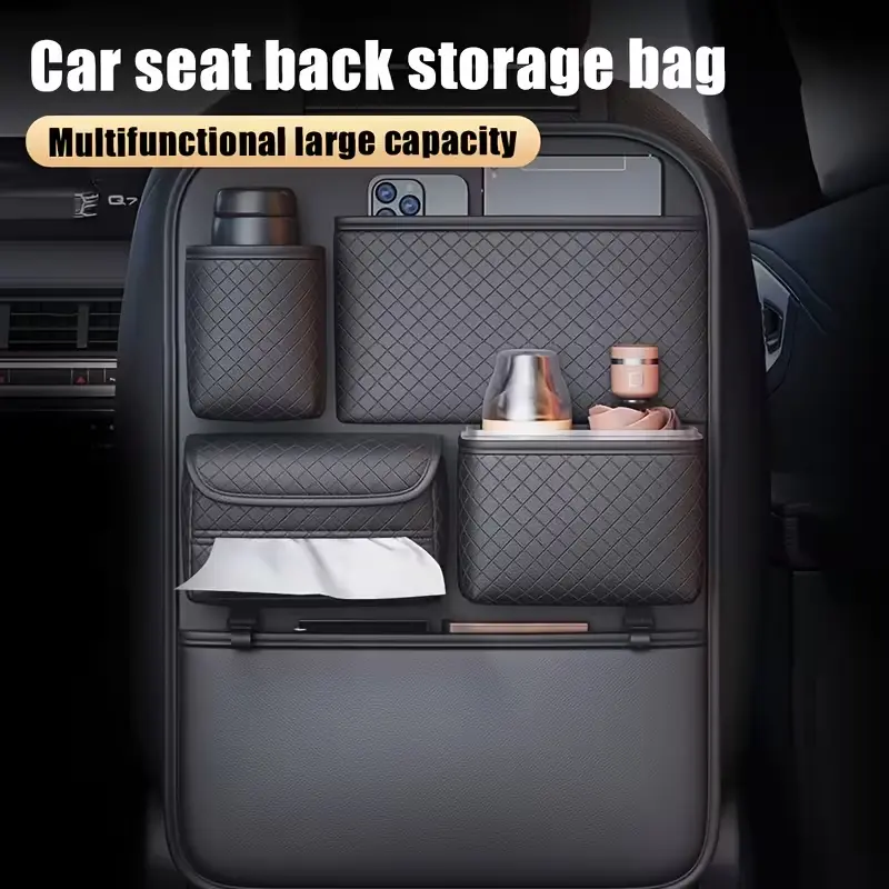 [Stylish Car Seat Organizer] High Quality 1pc Black PU Leather Car Seat Back Organizer | Large Capacity Multi Compartment Storage Bag for Water Bottles, Tablets, Laptops And Accessories - Stylish Backseat Organizer for Easy Car Storage