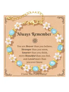 Daisy flower bracelet, faceted bead bracelet, birthday gift bracelet, gold adjustable chain, seed bead woven bracelet