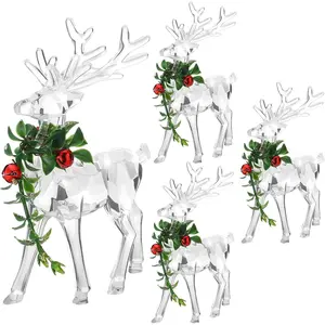 4-Piece Christmas Acrylic Reindeer Ornament Set Decorative Reindeer Hanging Ornaments with Green Mistletoe and Red Bell Berries Transparent Deer Sculptures Christmas Party Decorations Table Centerpiece Ornaments