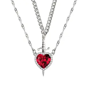 Jemant Heart And Sword Necklace For Couples Silver Gold Cuban Link Chain Matching Sword Through Heart Necklace Set Non Tarnish Jewelry Accessories Couples Love Intimacy Freak Birthday Romantic Wedding Valentines Day Gifts For Bf Gf Boyfriend Girlfriend