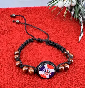 Dominican Republic Flag Bracelet - Wood Beads & Macrame Thread Adjustable Handmade Jewelry for Everyday Wear