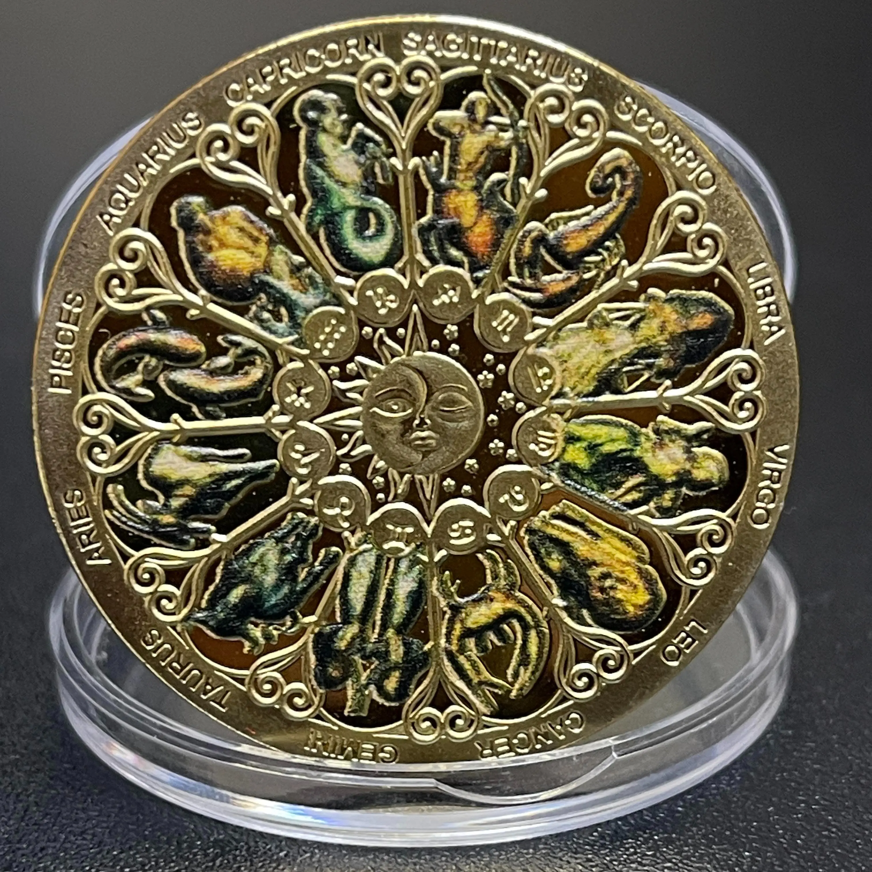 Zodiac Medallion Featuring all twelve Constellation signs and symbols: Aries, Taurus, Gemini, Cancer ,Leo ,Virgo ,Libra ,Scorpio ,Sagittarius ,Capricorn ,Aquarius ,Pisces
