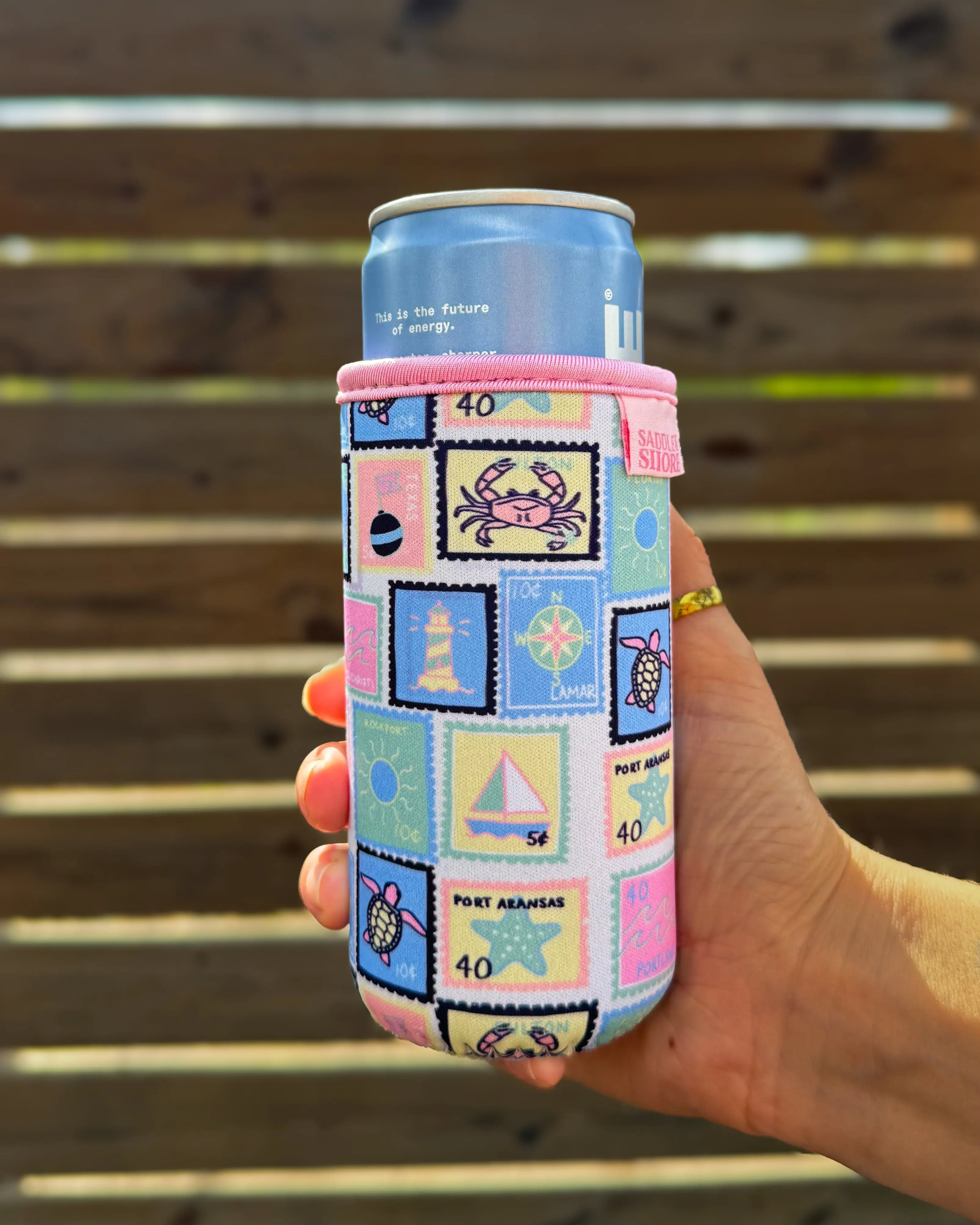 Saddle & Shore 'Seaside Stamps' Day Drink Reusable Slim Can Koozie 12oz for Energy Drinks & Seltzers Hand-Drawn Art Neoprene Sleeve - Bottles, Drinkware