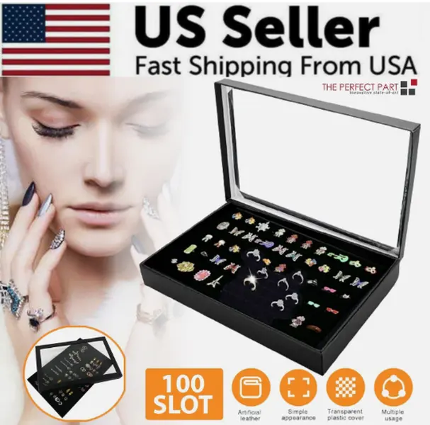 100 Slots Jewelry Ring Display Organizer Tray Holder Earrings Storage Box Case