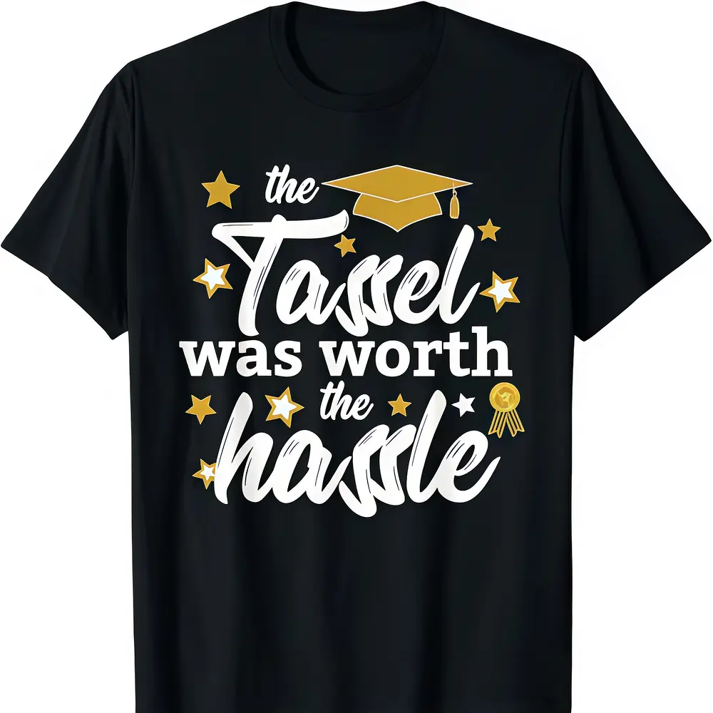 Graduation T-shirt with "The Tassel Was Worth the Hassle" 2026 Graphic, Unisex Casual Printed Cotton Round Neck Top, Streetwear, Shortsleeve, Tshirt, Fabric, Classic Fit, Funny