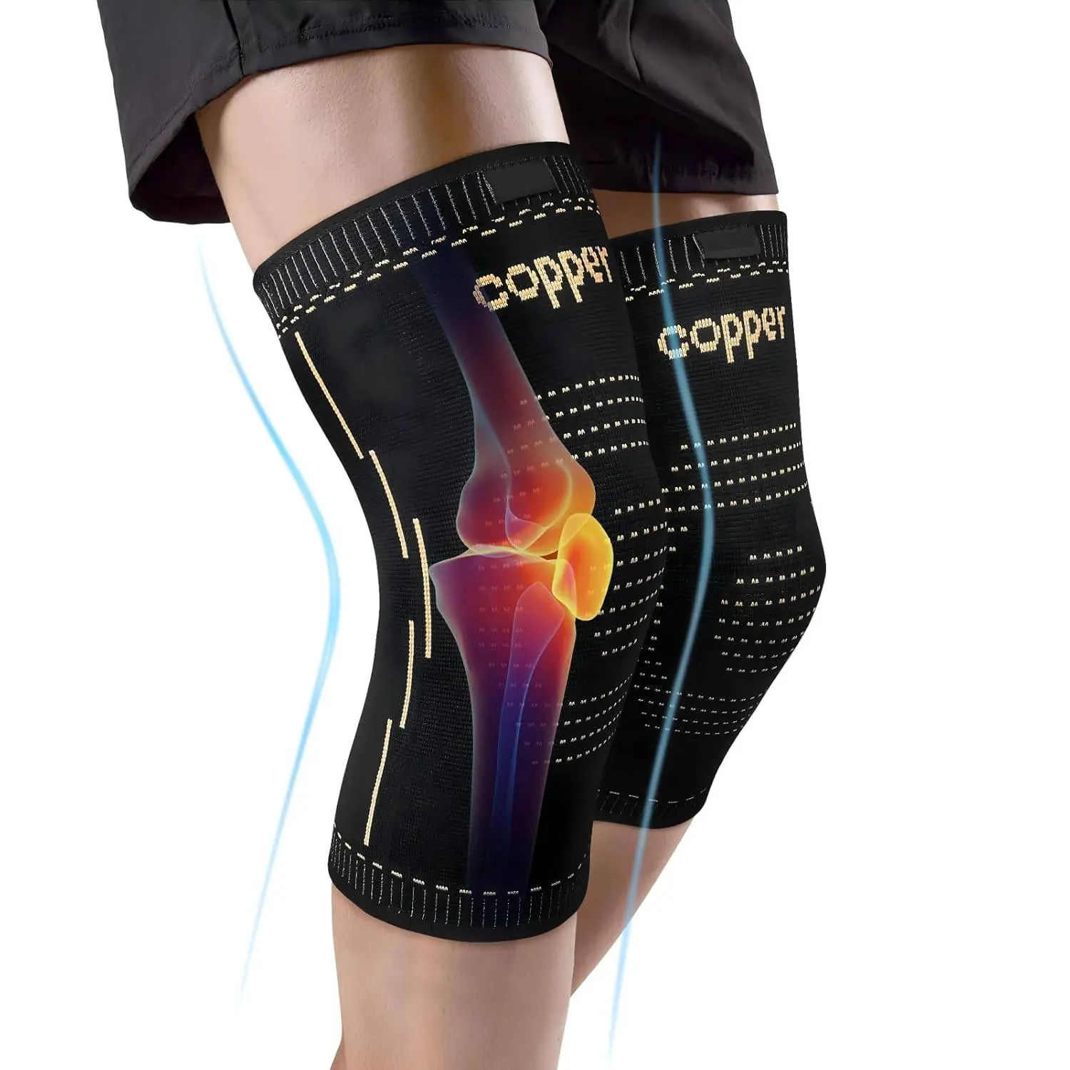 Unisex Adjustable Strap Copper Knee Braces 2-Pack, Double-Layer Anti-Slip Compression Sleeve with Compression Fit for Pain Relief, Arthritis, Fitness Support | Check Size Chart
