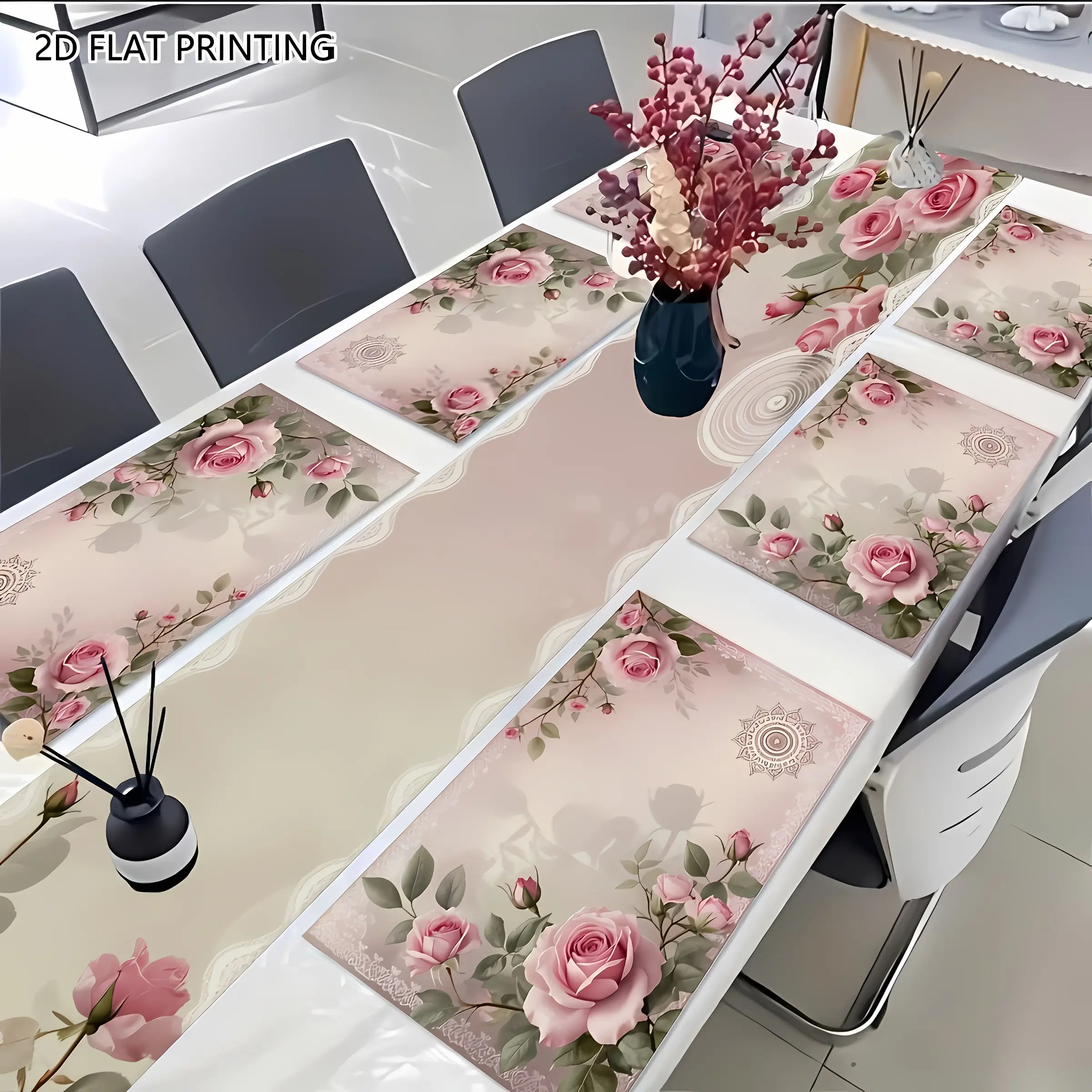 2D flat printing, 1 piece/2 pieces/4 pieces/6 pieces/8 pieces romantic pink rose lace patterned table flag and placemat set, Kitchen Decorative Household Placemat, suitable for holiday parties, home decoration, kitchen decoration, all seasons