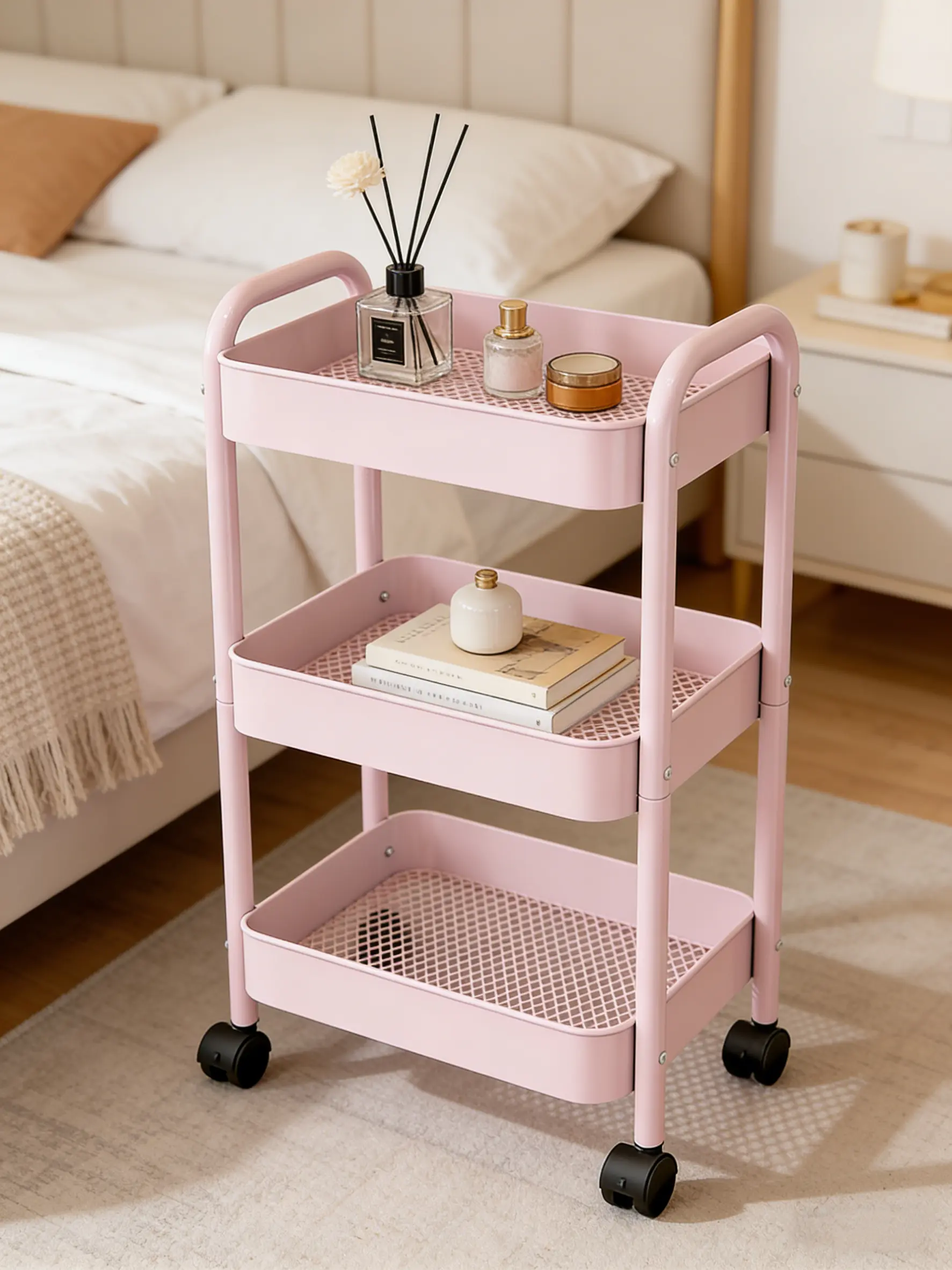 3-Tier Rolling Utility Cart with Lockable Casters Space-Saving Metal Storage Organizer for Office Kitchen Bathroom & Dorm Large Capacity Easy Assembly Perfect for Office Supplies Makeup & Craft Storage Cart With Wheels Pink，Mother's Day Gifts