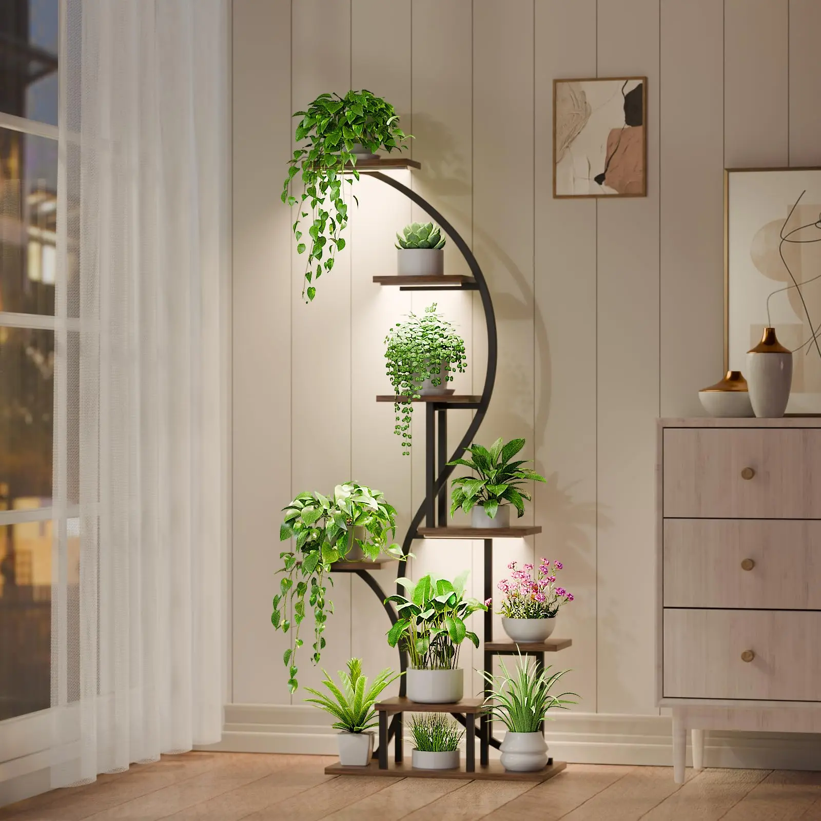 8-Tiered Wooden Plant Stand with Adjustable Grow Light - 65'' Tall Indoor Pot Rack Organizer for Living Room, Patio, Balcony - Durable Wood Flower Shelf for Indoor Plants (1 Pack)