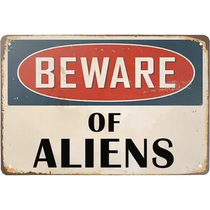 Alien Gifts Decor Beware Of Aliens Decorative For Outdoor Indoor Metal Tin Sign Alien Party Decorations Wall Art Poster Ufo Gifts For Men 8x12 Inch