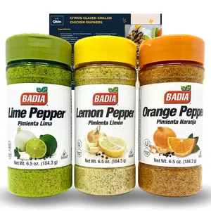 Badia Citrus Pepper Bundle - Lemon Pepper 6.5 Oz, Orange Pepper 6.5 Oz, Lime Pepper 6.5 Oz - Qbin Recipe Card - Variety Pack of 3 Flavor Spice Set