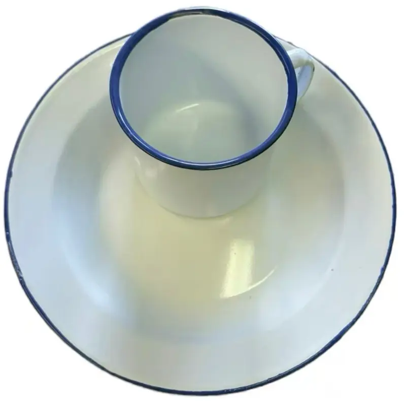 Enamel Plat(e26CM)and Mug .(10CM).Plat Emaye Akode Cup with Blue Rim and Durable Design for Everyday Use