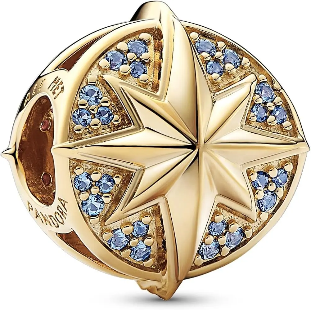 Pandora Marvel Captain Marvel Insignia Charm 762744C01, Superhero, Collectibles, Crystals, Engraving, Gold, Adults, Higher Further Faster, Multicolor