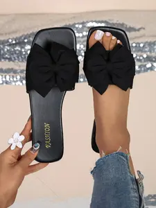 4-color women's casual flat bottomed square toe sandals with bow decoration, comfortable and fashionable, suitable for daily and vacation wear, Flat Summer Sandals, Rubber Sandals, Boho Casual Sandals