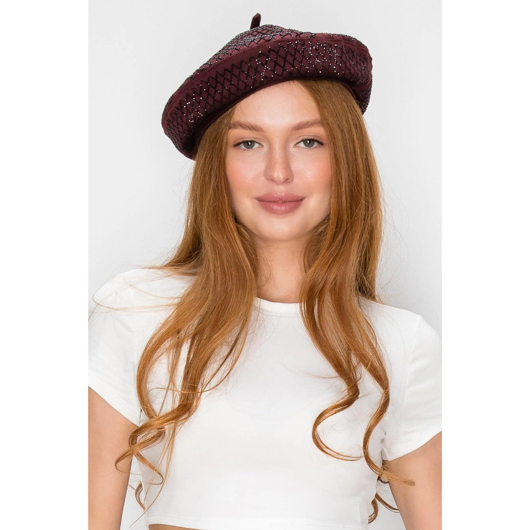 Elaina Rhinestone Diamond Shape Beret Hat