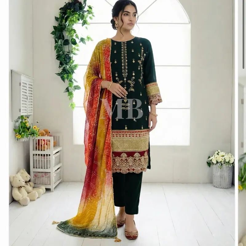 3PC Ready to Wear Chiffon Shirt with Printed Dupatta & Plain Trouser Set for Elegant Silhouette
