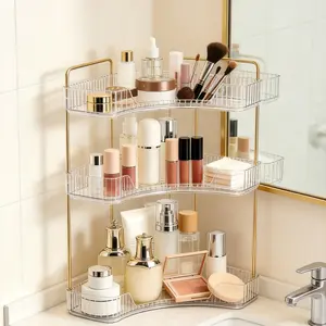 3 Tiers Corner Bathroom Counter Organizer, Clear Vanity Storage Shelf with Gold Metal Pole, Aesthetic Makeup Cosmetic Perfume Skincare Holder for Sink Kitchen Vanity Organization