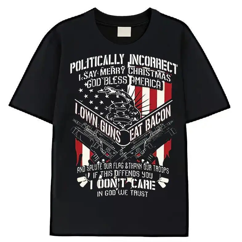 All Cotton tee Men'S Vintage Patriotic Bacon & Guns Graphic T-Shirt - Funny 2A Rights & Bacon Lovers Design, Red White & Blue Flag Print, Short Sleeve Round Neck Casual Tee for Casual Attire