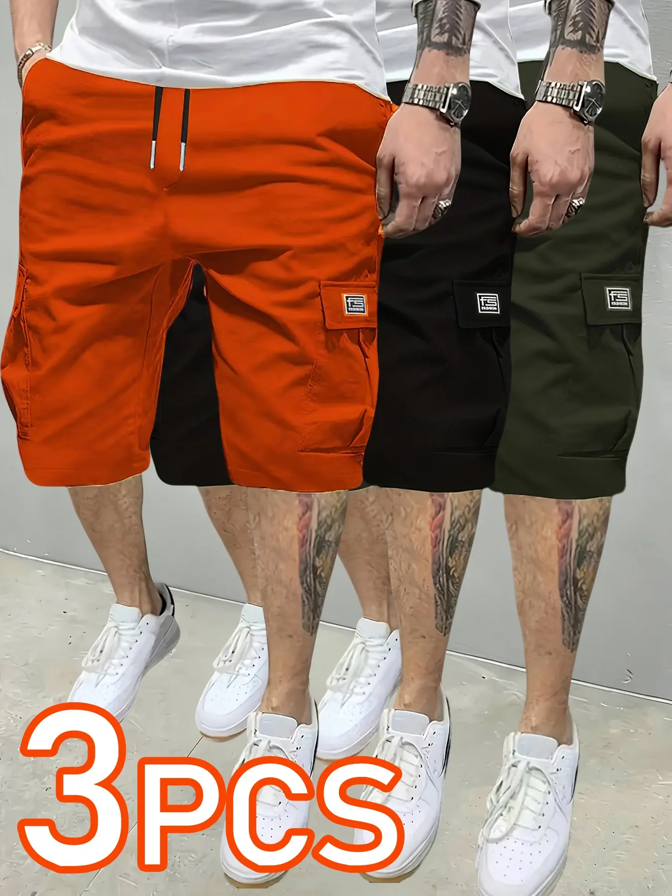 3 pieces 3counts 3pcs Men's Summer Athletic Activewear Sport Casual Outdoor Shorts, Wear-Resistant Workwear Pants, Plain Color Cargo Shorts with Multiple Pockets, Elastic Waist, Lightweight Summer Shorts