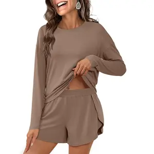 ANRABESS Womens Long Sleeve Pajama Sets 2025 Fall 2 Piece Outfits Lounge Matching Short Set Striped Pjs Loungewear Sleepwear