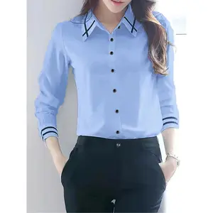 Trim Button-Down Shirt, Long Sleeve Casual Top for Spring & Fall, Women's Clothing